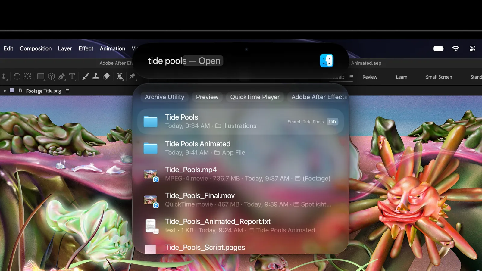 Spotlight in the Dynamic Island on the new MacBook Pro.